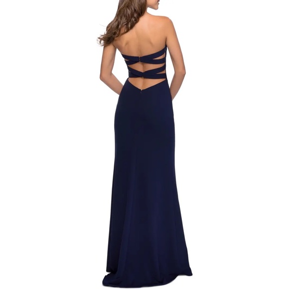 La Femme 28835 Navy Blue Strapless Double Cross Back Gown Dress Size 12 NWT - Picture 2 of 5